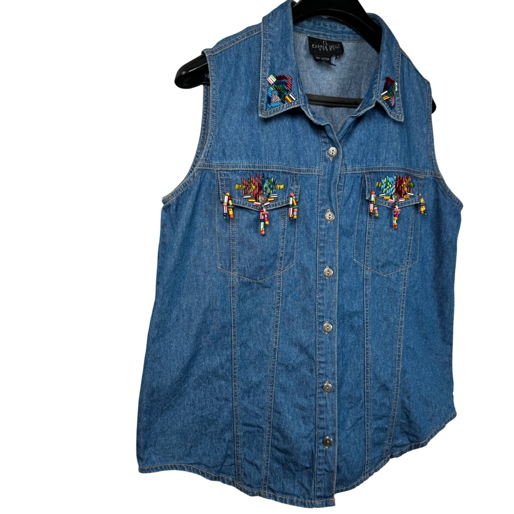 Vtg Carole Little Beaded Embellished Sleeveless‎ Blue Denim Top Sz 10 Beaded Y2K - Picture 4 of 11